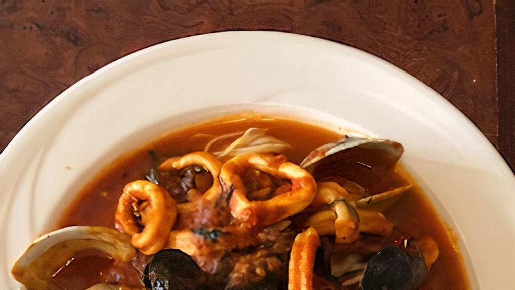 Seafood Fra Diablo · Shrimp, Scallops, Clams, Mussels, Calamari, Slowly Simmered in Mild or Hot Diablo Sauce over Pasta.