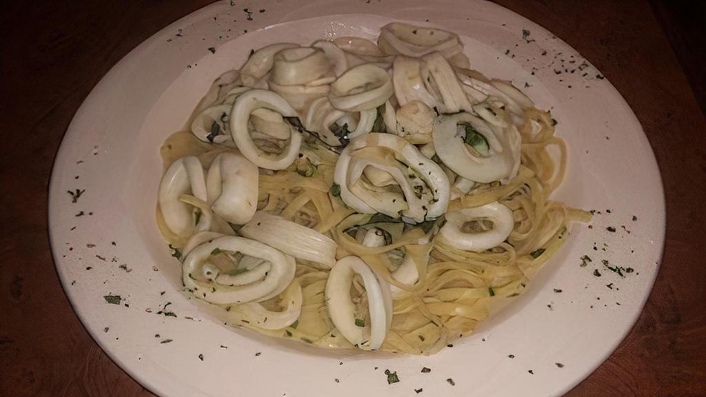 Calamari · Garlic, Olive Oil, Basil, White or Red Sauce over Pasta.