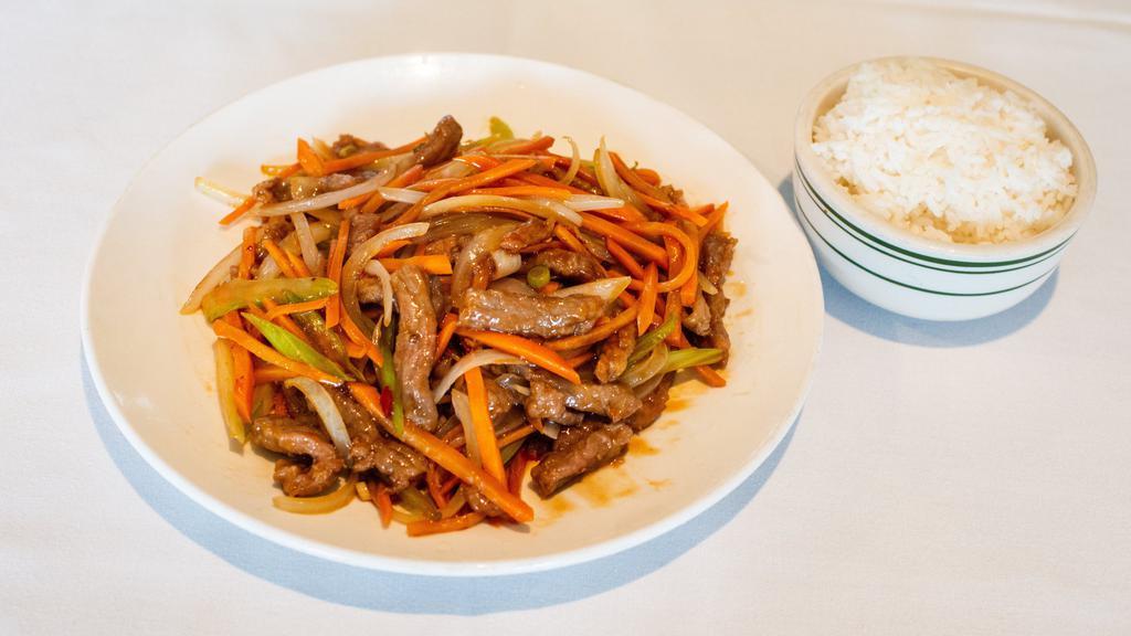 Shredded Beef, Szechuan Style · Flank steak, celery, carrots and hot peppers shredded and sautéed in a spicy brown sauce.