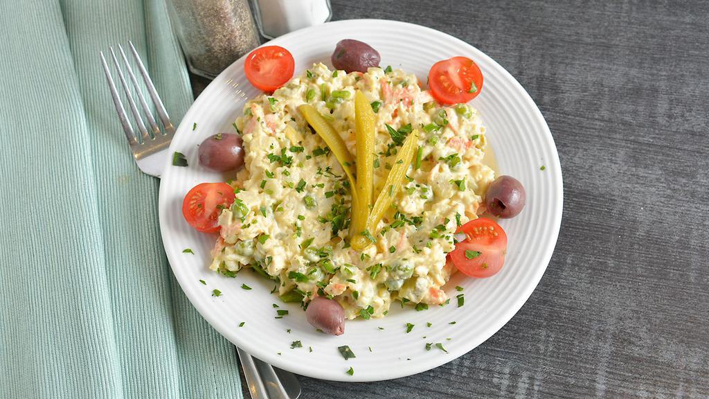 Salad Olvieh (Lunch) · Chicken and potato salad with eggs, green peas, and carrots.