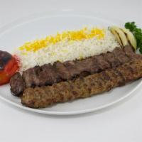 Sultani Kebob (Lunch) · One skewer of barg kebob and one skewer of kobideh kebob.