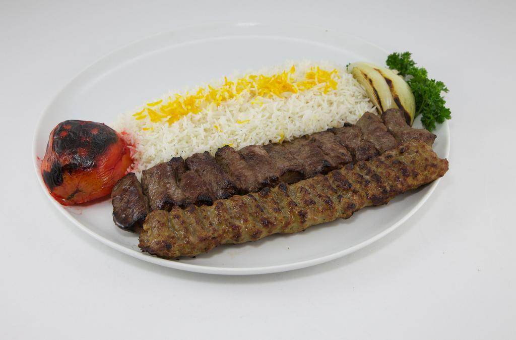 Sultani Kebob (Lunch) · One skewer of barg kebob and one skewer of kobideh kebob.