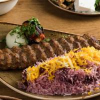 Koobideh Kebob Dinner · Two skewers of chopped beef char-grilled on our open-flame grill. Served with basmati rice, ...