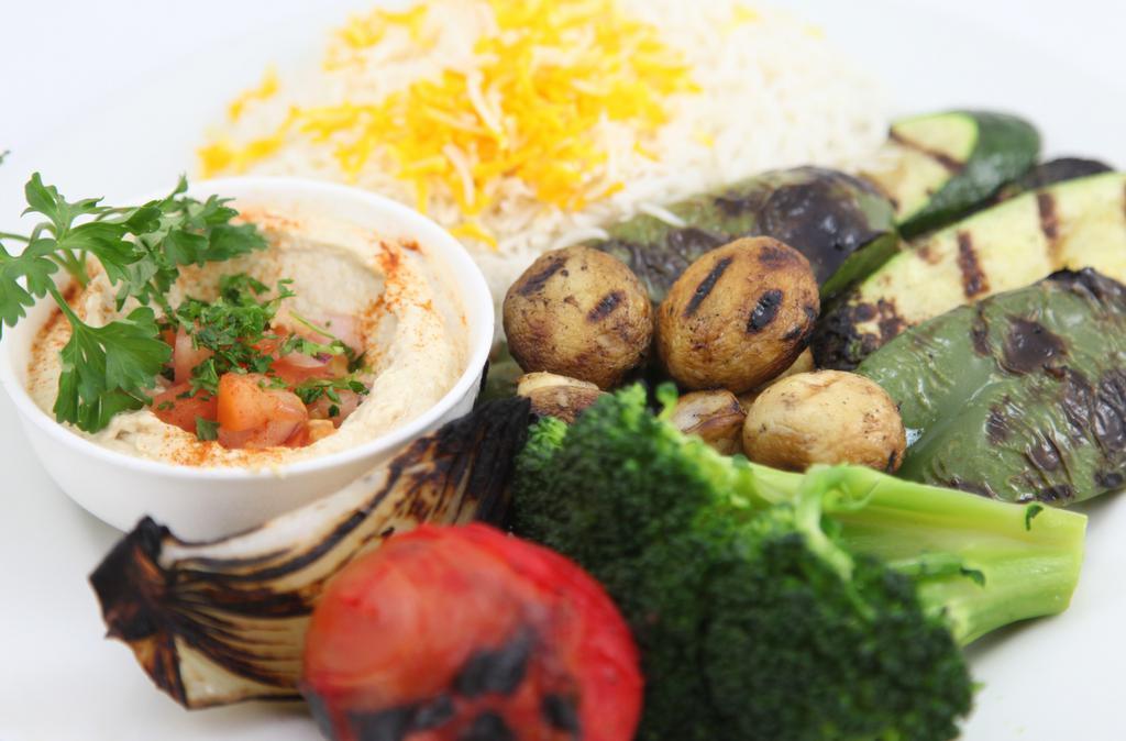 Vegetarian Kebob (Lunch) · Grilled eggplant, zucchini, mushroom, and pepper, served with hummus.