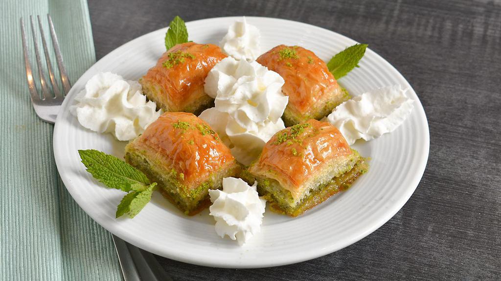 Baklava · Layers of filo pastry filled with pistachio and sweetened with honey.