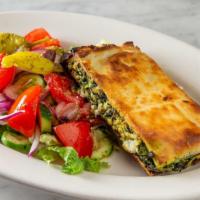 Spanakopita · Phylo pie with spinach, leeks, and feta.
