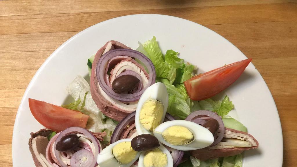 Chef'S Salad · Roast beef, ham, turkey and swiss cheese, lettuce, tomato, cucumbers, onions, olives, and hard boiled egg.