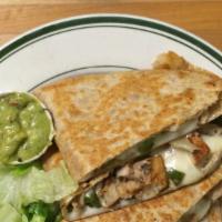 Grilled Chicken Quesadilla · Grilled tortilla wrap with peppers, onions and mozzarella cheese. Served with sour cream and...