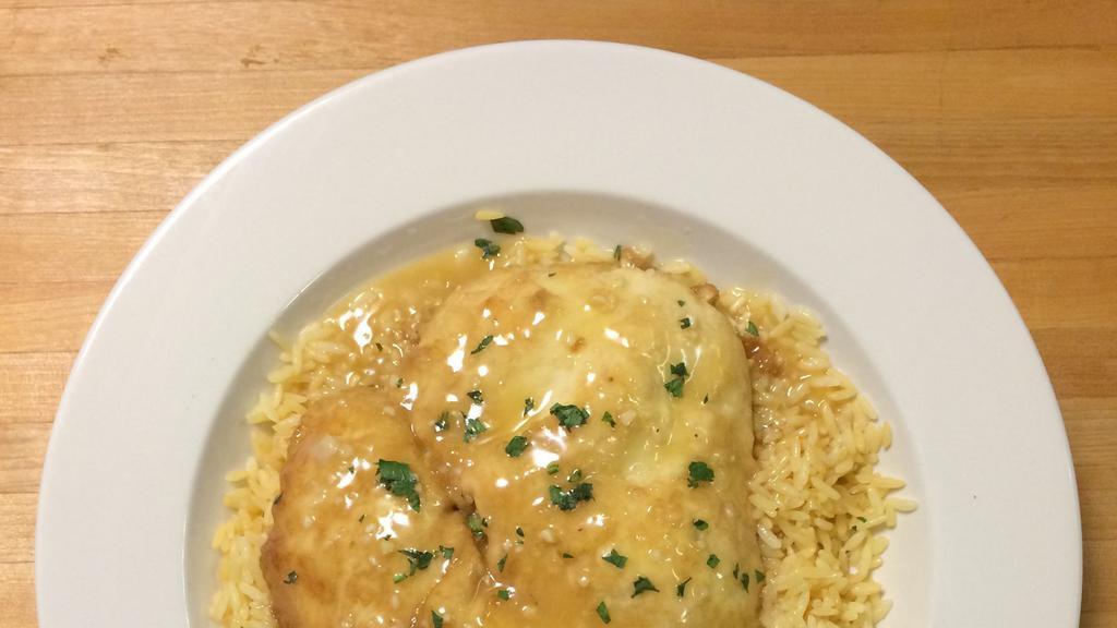 Chicken Francaise · Served over your choice of pasta or rice with soup or salad.