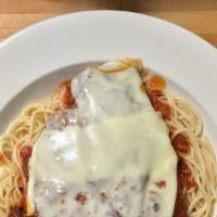 Chicken Cutlet Parmigiana · Served with soup or salad and pasta.
