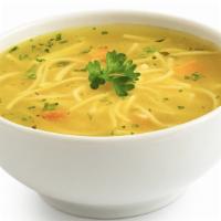 Chicken Noodle Soup · Clear chicken broth with pieces of chicken and noodles.