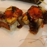 Crazy Dragon Roll · Spicy tuna crunch with eel masago and avocado on top.