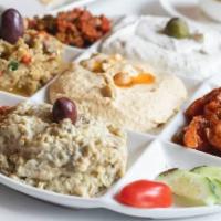 Mixed Appetizer Plate · Vegetarian. Total of 5 appetizers; Hummus, yaydari, babagonush, tabuleh, and ezme.