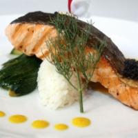 Salmon Fillet · Salmon fillet, char-grilled. Served with mixed greens and carrots, lemon and oil dressing.