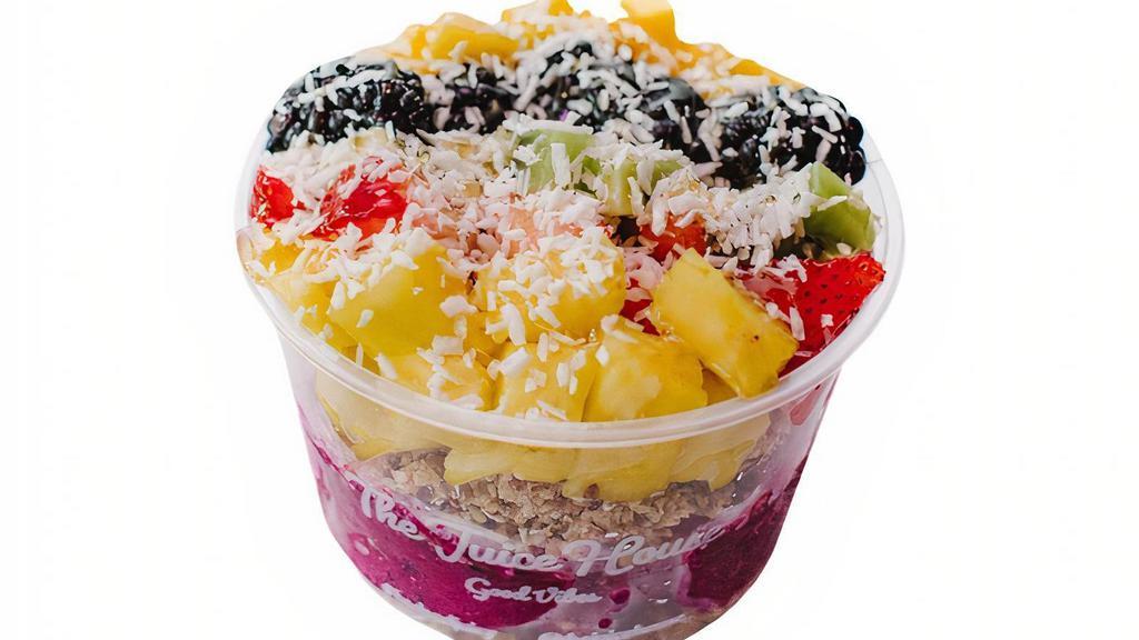 Paradise Pitaya Bowl · Organic PITAYA Base: Topped with STRAWBERRY, MANGO, PINEAPPLE, BLACKBERRY, KIWI, Organic COCONUT FLAKES, Organic GRAWNOLA and Local Raw HONEY or Organic AGAVE. *Grawnola contains coconut* *Can be made in a No Nut area* We DO NOT swap bases (base as is), split bowls, add extra base, sell the base alone or separate items. ALL Produce Organic/Local whenever possible. Additional charges may be applied.