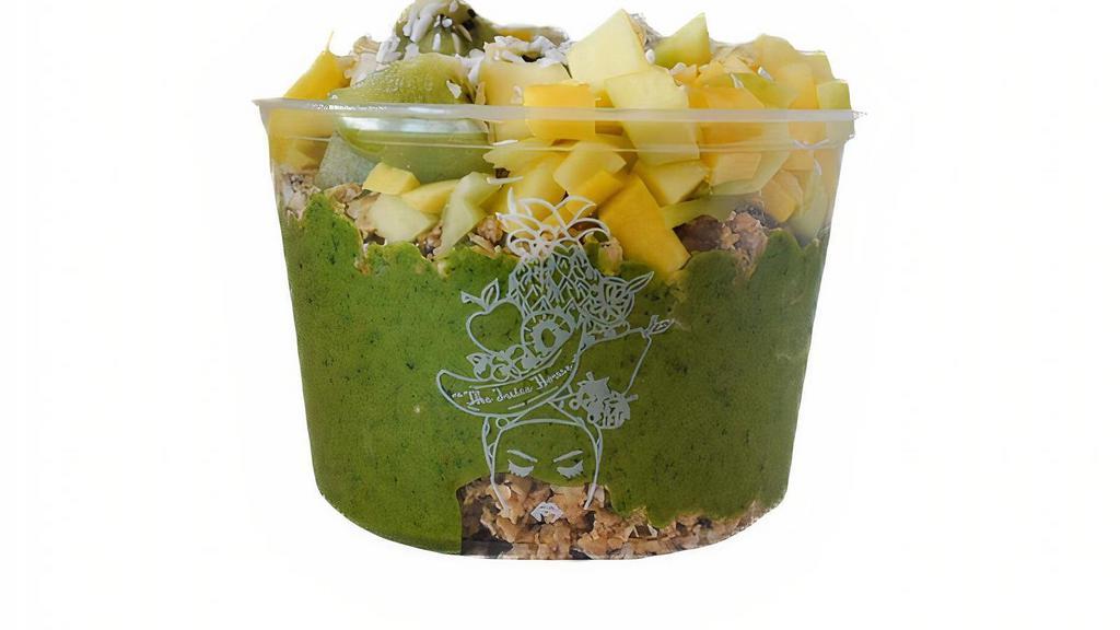 Superverde Bowl - 16Oz. Only · BANANA Base blended with SPINACH, COCONUT MILK and SUPER GREENS. Topped with choice of 3 FRUITS + 1 TOPPING (Almond Butter OR Peanut Butter OR Nutella OR Coconut Flakes OR Chocolate Chips) (Local Vegan Hazelnut Butter - Additional Cost) + Organic GRAWNOLA and Local Raw HONEY or Organic AGAVE. Put INCLUDED toppings in note.*Grawnola contains coconut* *Can be made in a No Nut area* We DO NOT swap bases (base as is), split bowls, add extra base, sell the base alone or separate items. ALL Produce Organic/Local whenever possible. Additional charges may be applied.