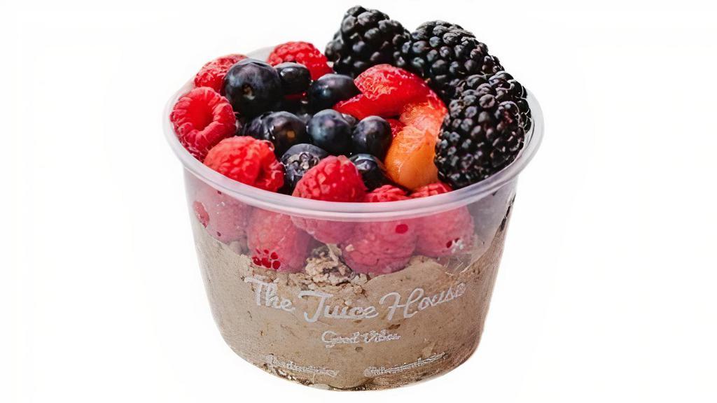 Bs Banana Bowl - 16Oz. Only · BANANA Base: Topped with STRAWBERRY, BLUEBERRY, RASPBERRY, BLACKBERRY, Organic GRAWNOLA, and Local Raw HONEY or Organic AGAVE - put in note. *Grawnola contains coconut* *Can be made in a No Nut area* We DO NOT swap bases (base as is), split bowls, add extra base, sell the base alone or separate items. ALL Produce Organic/Local whenever possible. Additional charges may be applied.