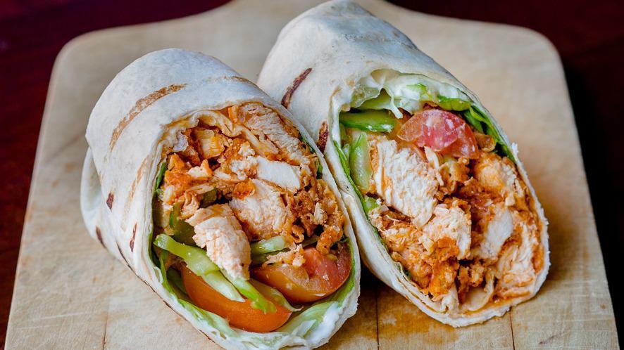 Frank'S Favorite · Fried chicken, cherry tomato, romaine, celery, blue cheese, classic buffalo and flour tortilla.