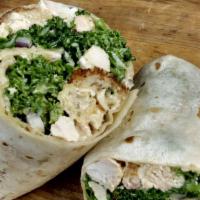 Kale Chicken Caesar Wrap · Crushed kale, grilled chicken, house Caesar, crouton, red onion, parmesan.