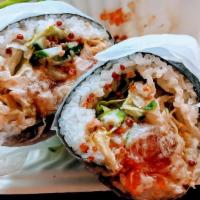 Sushi Burrito · Choice of soy marinated tuna, salmon or half and half. Seaweed wrap filled with your choice ...