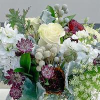 Chianti Vase Arrangement · White stock, white roses, silver brunia, cappuccino ranunculus, red astrantia, queen Anne's ...