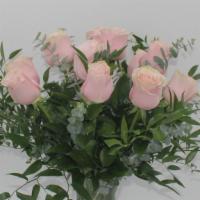 Dozen Pink Roses Vase Arrangement · A classic dozen pink roses with babies breath and greenery, arranged in a clear glass vase. ...
