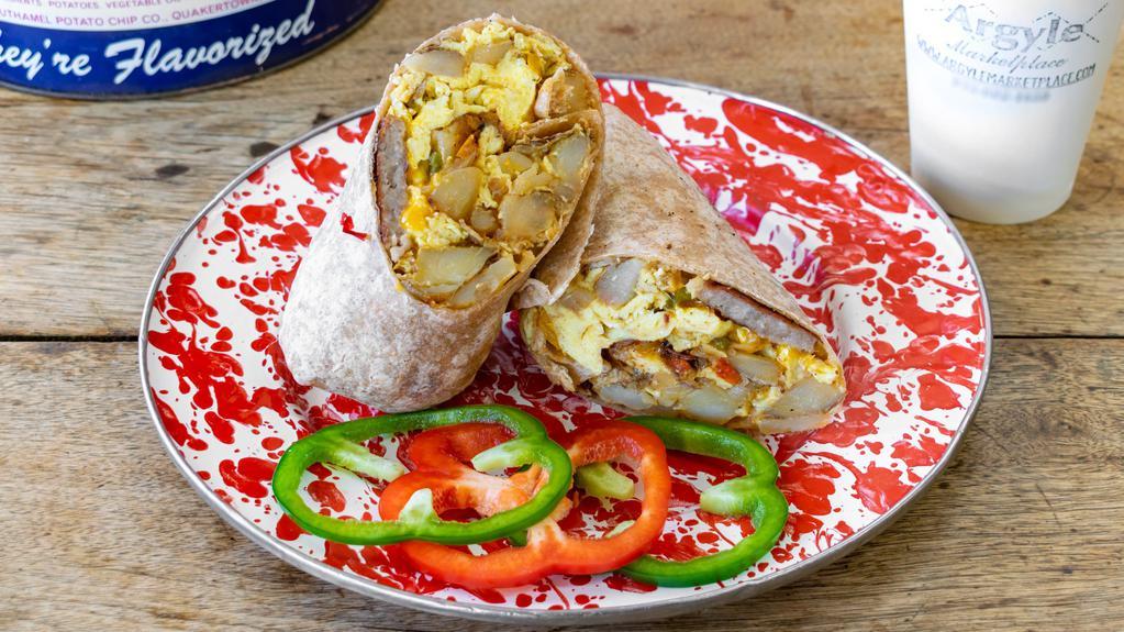 The Argyle Breakfast Wrap · Three scrambled eggs, cheddar cheese and Choice of ham, taylor ham, bacon, turkey bacon or sausage in a whole wheat wrap.
