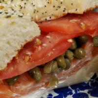 The Nemo · Smoked nova Scotia salmon, cream cheese, tomatoes and capers on a bagel.