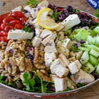 The Robin Salad · Grilled chicken, goat cheese, dried cranberries, walnuts, cucumbers and grape tomatoes over ...