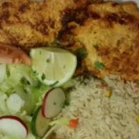 Grilled Chicken Breast · Served with rice and salad.