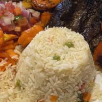 Mar Y Tierra · Served : Steak, chicken, shrimp, sausage and rice.