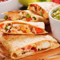 Chicken Quesadilla · Fresh Quesadilla made with Grilled marinated chicken, cheddar cheese, jack cheese, salsa, an...