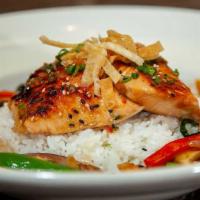 Miso Glazed Salmon · Miso Marinated Salmon Served Over Steamed White Rice and Stir Fried Vegetables