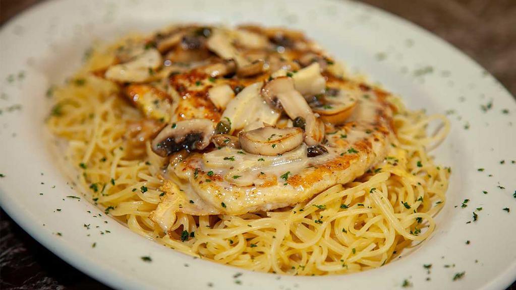 Lunch Special Lemon Chicken Piccata · Sauteed Chicken Breast with Creamy Lemon Sauce, Mushrooms, Artichoke and Capers. Served over Pasta