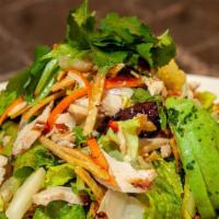 Grilled Chicken And Avocado Salad · A Fantastic Salad of Mixed Greens, Chicken, Avocado, Carrots, Cilantro and Crisp Tortilla St...