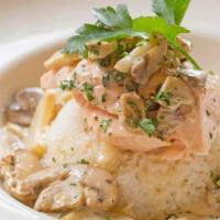 Lunch Special Salmon Piccata · With Creamy Lemon Sauce, Mushrooms, Artichoke, Capers and Steamed Rice