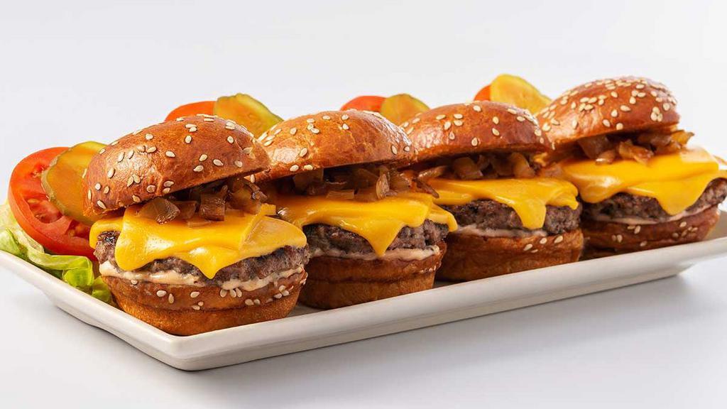 Mini Cheeseburgers · Charbroiled with American Cheese, Grilled Onions and Special Sauce on Toasted Sesame Seed Buns