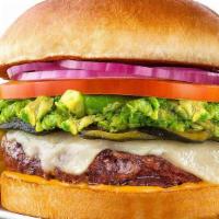 Avocado-Chipotle Cheeseburger · Topped with Fresh Avocado, Fire-Roasted Poblano Peppers, Melted Cheese, Chipotle Mayonnaise ...