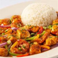 Cajun Shrimp And Chicken Jambalaya · Sauteed with Peppers, Onions and Pork Tasso in a Delicious Spicy Sauce. Served with White Rice