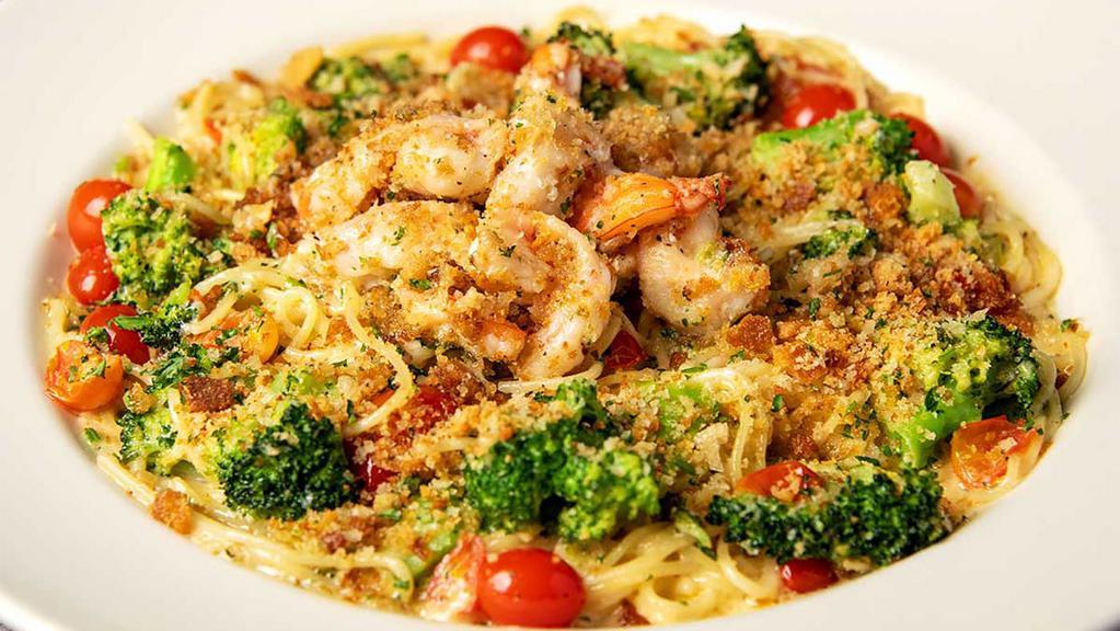 Garlic Shrimp Pasta · Sauteed Garlicky Shrimp, Spaghettini, Tomatoes, Broccoli and Garlic Sauce with Parmesan Cheese