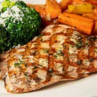 Wood Grilled Salmon · Served with Potato and Vegetables