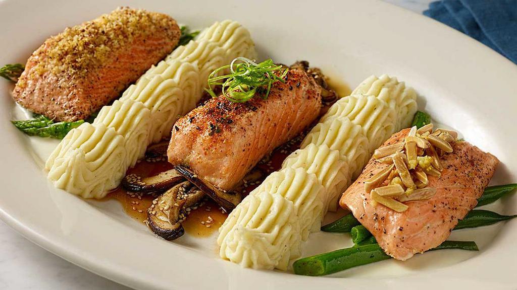 Salmon Three Ways · Fresh Salmon Prepared in Three Styles; Soy Glazed with Shiitake Mushrooms, Horseradish Crusted with Asparagus and Almond-Ginger with Green Beans and Beurre Blanc