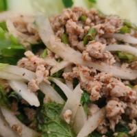 Larb · A traditional Lao and Northern Thai dish. Minced chicken, beef, or pork tossed together with...
