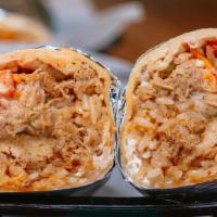 Chicken Burrito · Shredded chicken breast, rice, refried beans, onion, cilantro, cheese, sour cream, & pico de...