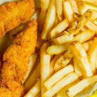 Chicken Fingers · All served with rice or French fries, and a can of soda or bottled water.