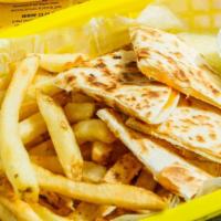 Cheese Quesadilla · Flour tortilla with jack and cheddar cheese and a side of sour cream.