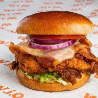 Cbr-Wich · Crispy buttermilk chicken with melted provolone, bacon, ranch, lettuce, tomato and red onion.