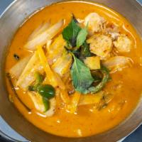 Panang Curry · A choice of protein with peppers, onions and basil leaves. Hot and spicy.