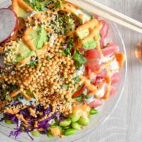 Poké Bowl With Three Protein · Create your own Poké Bowl! Choose your base proteins, mix-ins, flavor, toppings, and crunch.