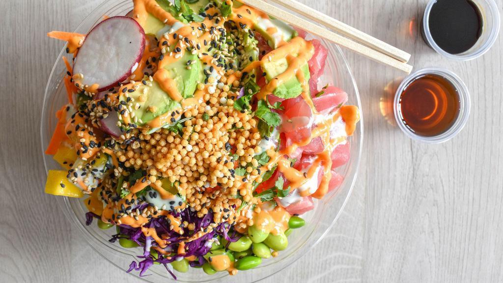 Poke Bowl With Three Protein · Create your own pok� bowl choose your base proteins, mix-ins, flavor, toppings, and crunch.
